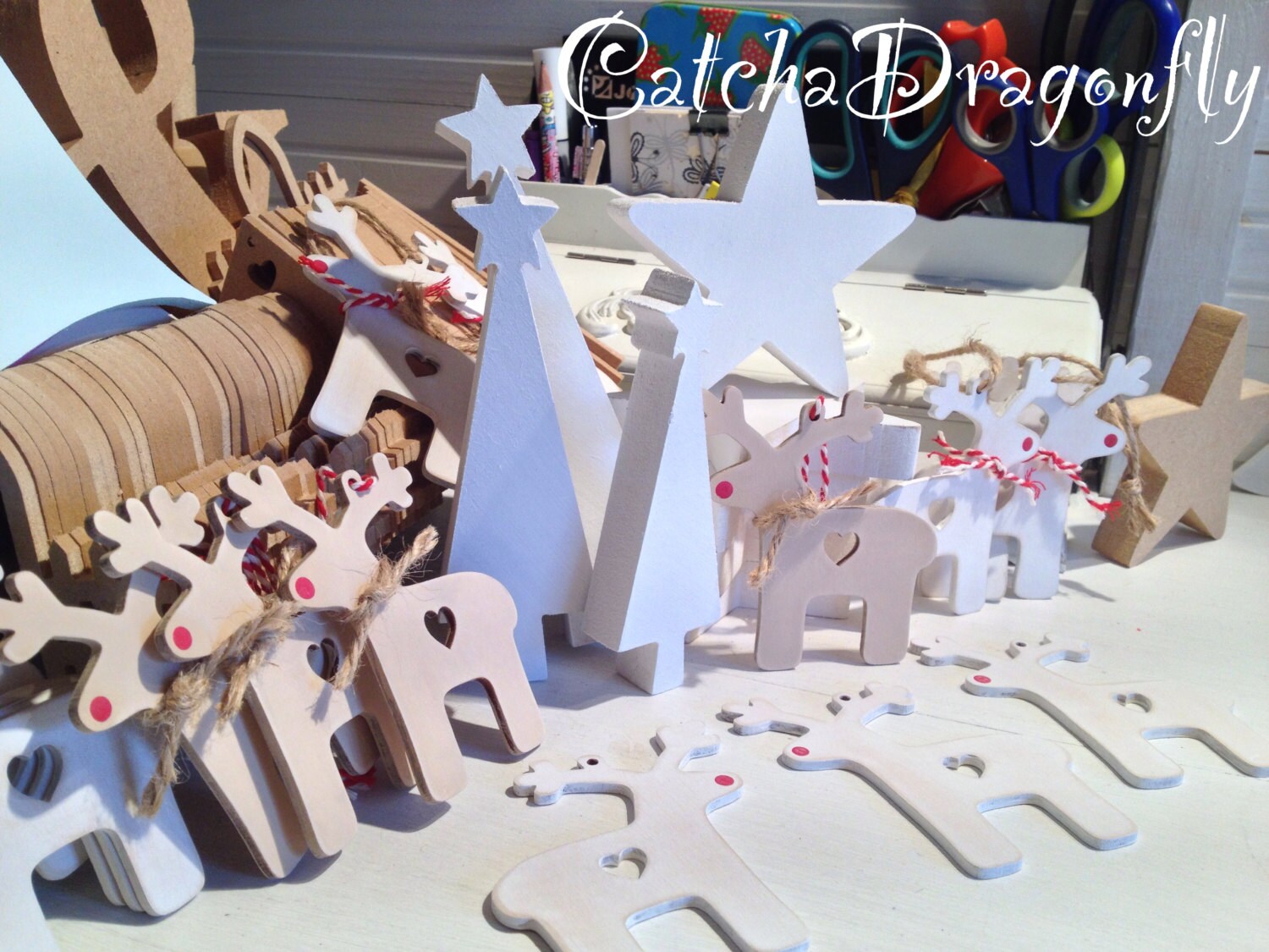 Wooden Reindeer - handpainted wooden tags/decorations