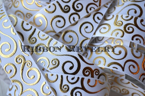 Elegant gold foil swirls on radiant white 7/8" grosgrain ribbon Il_570xn