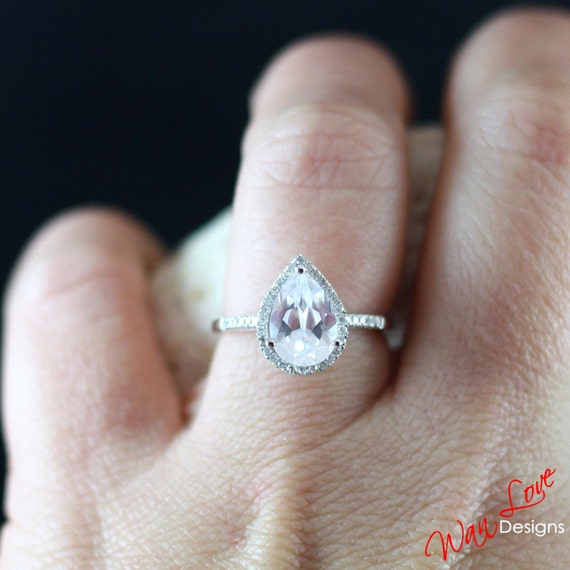 White Sapphire & Diamond Pear halo ring white, yellow, rose gold-Custom made your size-Wedding-Engagement-Anniversary-Layaway 14k-18k