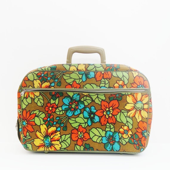 Small Vintage suitcase Canvas/Barkcloth Retro Olive green