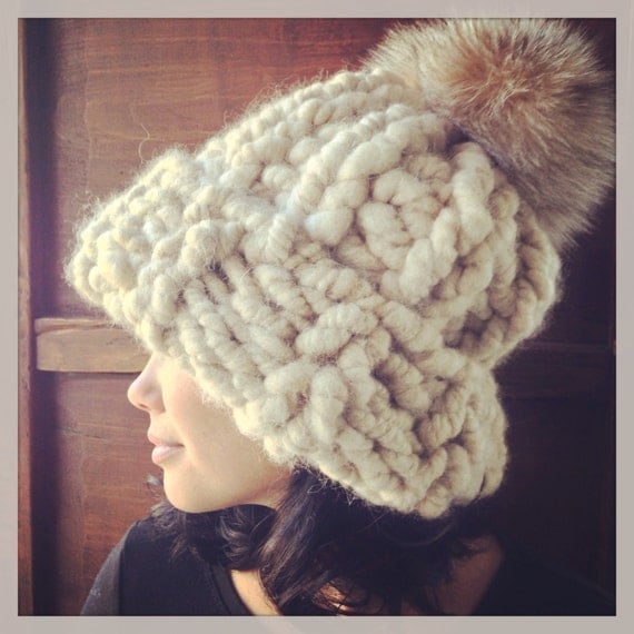 Items similar to Super chunky alpaca knit beanie with large fox pom pom on Etsy