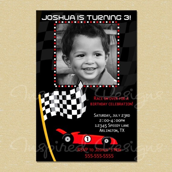 Race On Over Race Speed Red Car Black and White Flag Birthday Invitation - All Ages Il_570xn