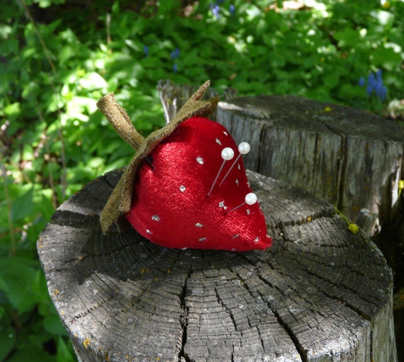 Red Strawberry Velvet Pincushion - wool pin keep cushion primitive glitter sewing supply needle pins