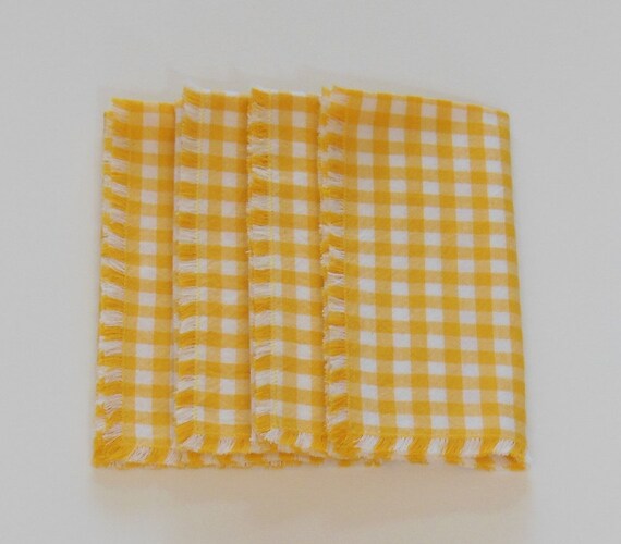 Yellow Gingham Napkins, Cloth Napkins, Dining Entertaining, Set of Four 17"