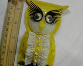 Owl Magnet - Yellow - Vintage Homemade - Yellow, Black, White with Fancy Eye Lashes