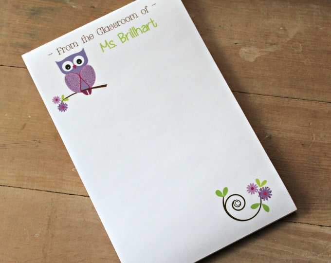 Teachers Gift From the Classroom of Super Cute Personalized Owl Notepads ~ Christmas Polyanna ~ Personalized stationery set