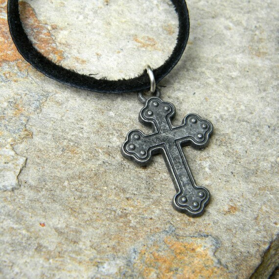 Mens leather cord necklace cross necklace rustic masculine