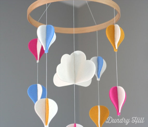 100% Merino Wool Felt Baby Mobile - Eco-Friendly - Rich, Lightfast Colors - Heirloom Quality - Yellow, Pink & Light Blue Hot Air Balloons
