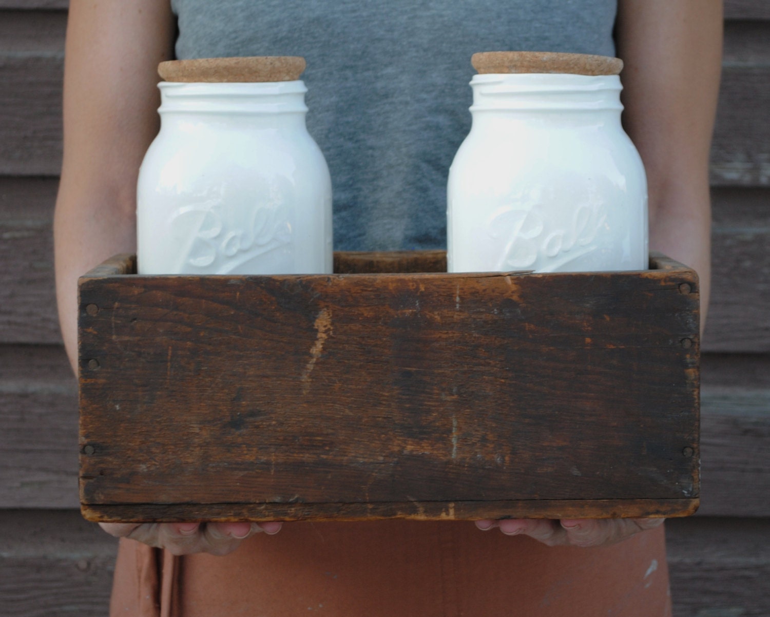 handmade set of TWO large ceramic ball jar containers with cork tops