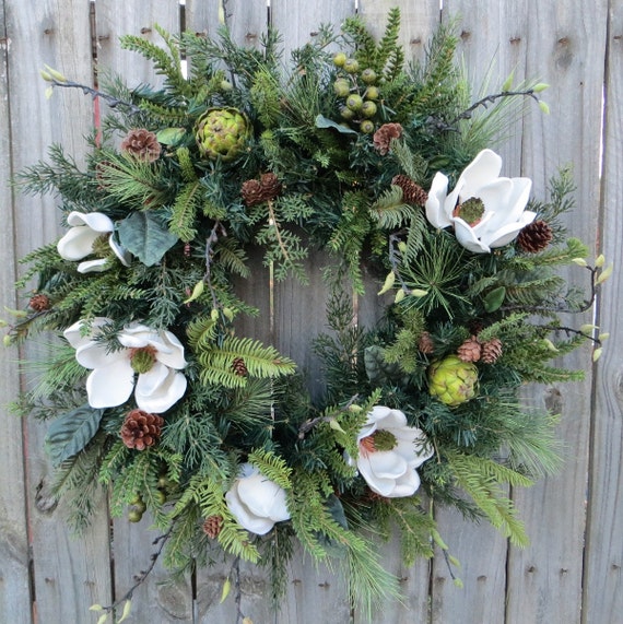 Christmas Wreath Magnolia Wreath Natural Holiday by HornsHandmade