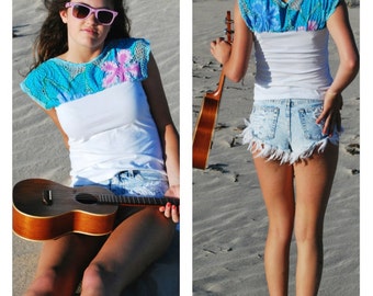 Items similar to Teal Skirt with Hibiscus embroidery ...