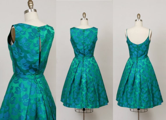 1960's cocktail party dress in emerald and sapphire