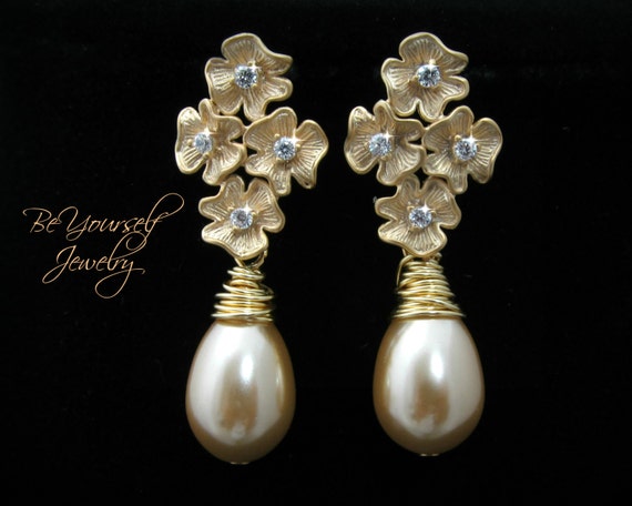 Gold Pearl Bridal Earrings Teardrop Pearls by BeYourselfJewelry