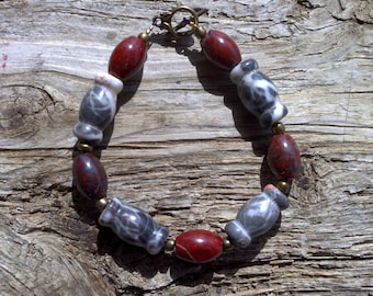 Marble,red jasper,brass beaded bracelet 7 1/2 inch