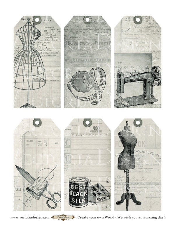 vintage sewing tags printable gift tags shabby by vectoriadesigns