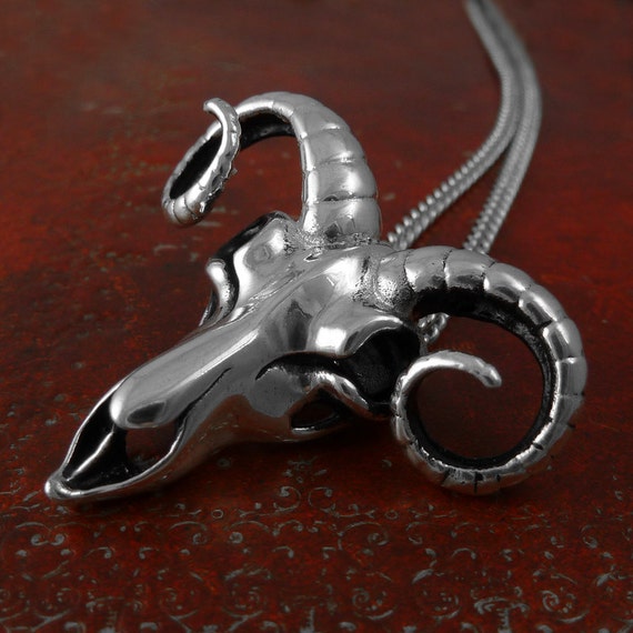 Ram Skull Necklace Antique Silver Ram Pendant on 24