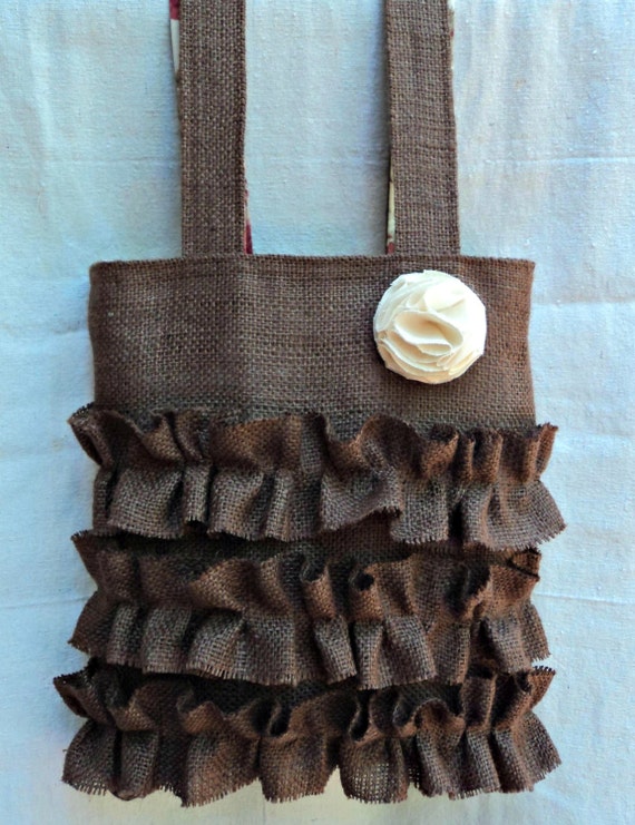 Items similar to Burlap Purse Ruffled Tote Bag Chocolate Brown Purse on ...