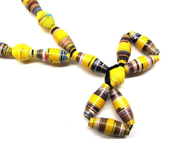 Eco Friendly Paper Beads Handmade Necklace Yellow Recycled Bow Beads Summer Jewelry 1st Anniversary 