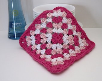 Crochet Dish Cloth Cotton Granny Square - Shades of Pink and White Dishcloth