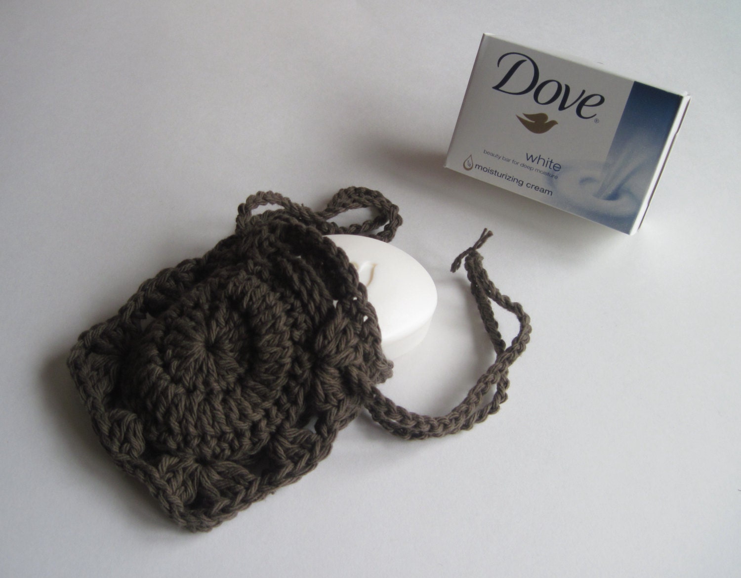 Crochet Soap Holder Bag Cotton Drawstring Soap Saver Brown
