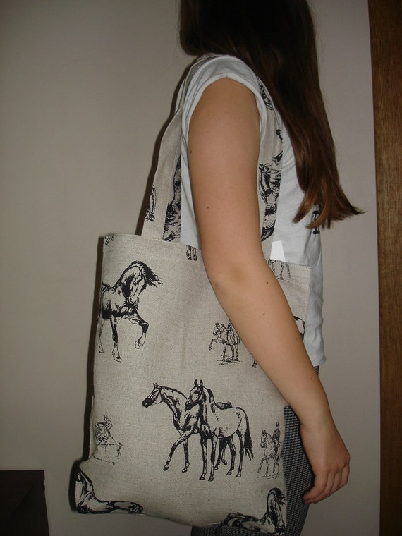 ... Linen Tote Bag With Horse - Canvas Tote Bag - Natural Linen Tote Bag