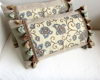 LUMBAR pair 12X20 one of a kind decorative designer lumbar pillow with tassel fringe