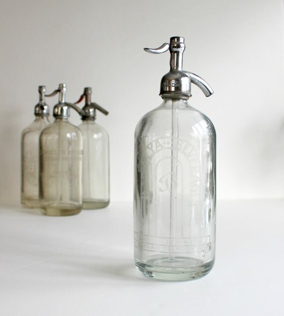 Vintage Seltzer Bottle Clear Glass Bottle with Etching