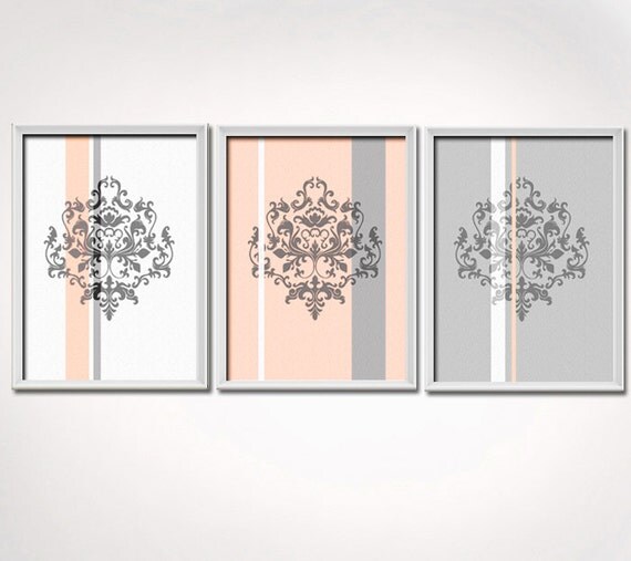 Peach and Gray Art Print Set 3 prints 8x10 each Damask Wall