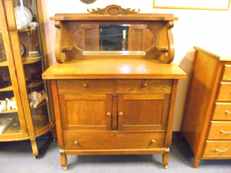 Antique Empire Tiger Oak Buffet Sideboard Server with