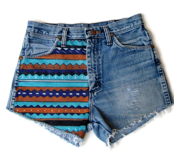 Items similar to High waisted jean shorts Aztec hand painted made to ...