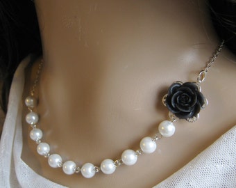 Rose pearl necklace, bridesmaids necklace, wedding jewelry - F006 (Choose your pearl colour)