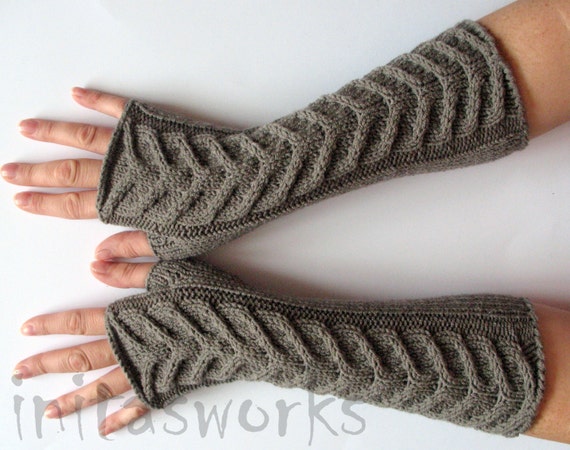 Fingerless Gloves Long Gray Brown 11" Mittens Arm Warmers, Acrylic Wool