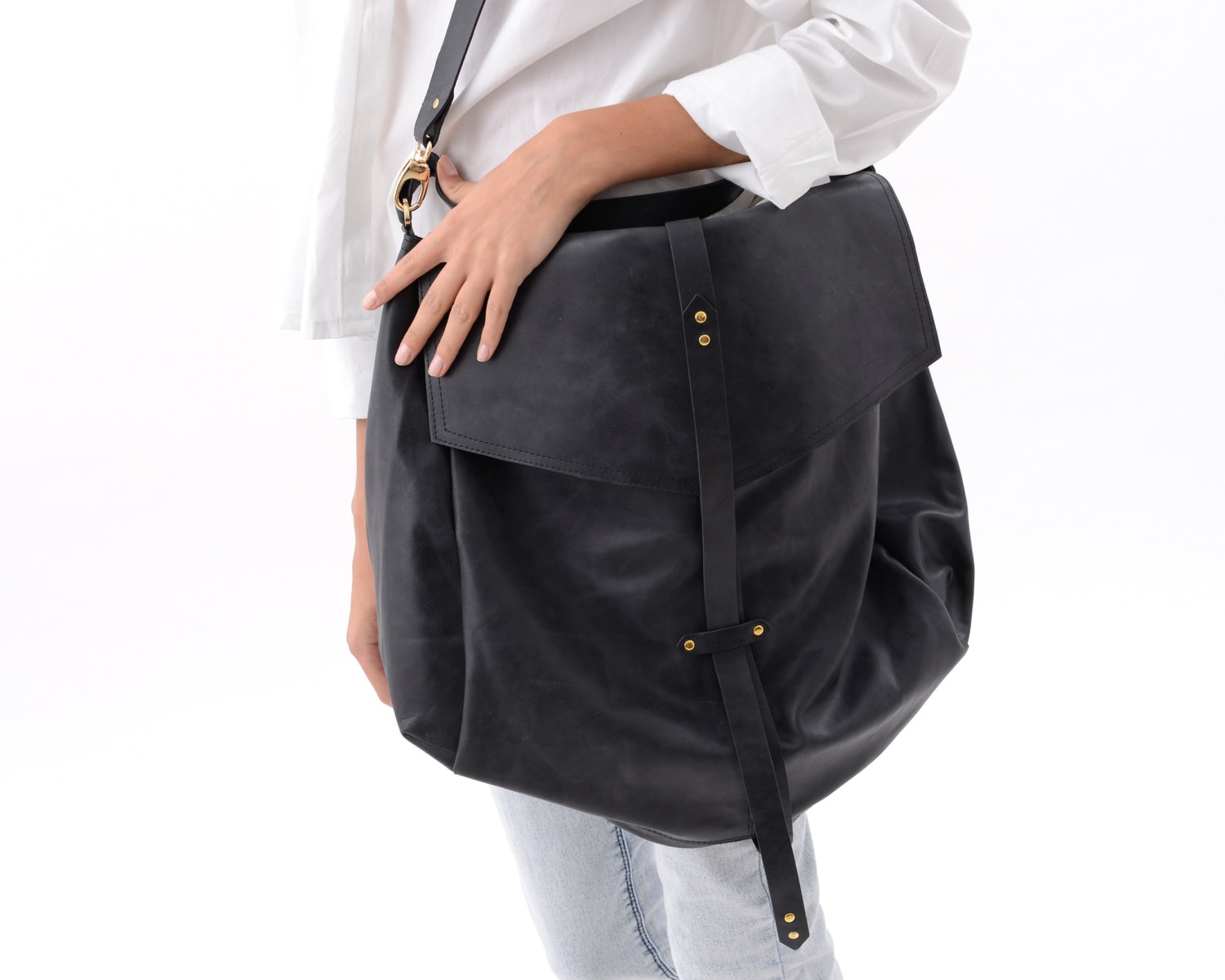 Oversized Black Leather Hobo Bag for Women Large Handmade