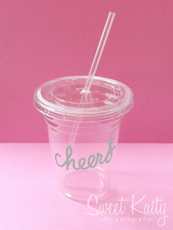 24 CHEERS Party Cups, Lids, and Plastic Straws - 12 oz or 16 oz - SILVER Decal - Wedding, Birthday, Baby Shower, Party Il_570xn
