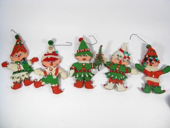 Vintage Felt Christmas Decorations Felt Beaded Sequined Elf