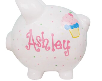 Personalized Cupcake Piggy Bank Hand Painted for Girl's Birthday - Ceramic Coin Bank Pastels PIGG-whi