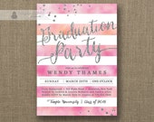 Pink Watercolor Graduation Party Invitation Silver Glitter Pink Orange Horizontal Stripes Modern Bachelorette DIY Digital or Printed- Wendy Il_170x135