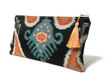 Ikat Clutch in Black, Silver, Salmon, Steel Blue - Luxury Evening Clutch - Beautiful Ikat Handbag - Zippered Pouch with Tassel