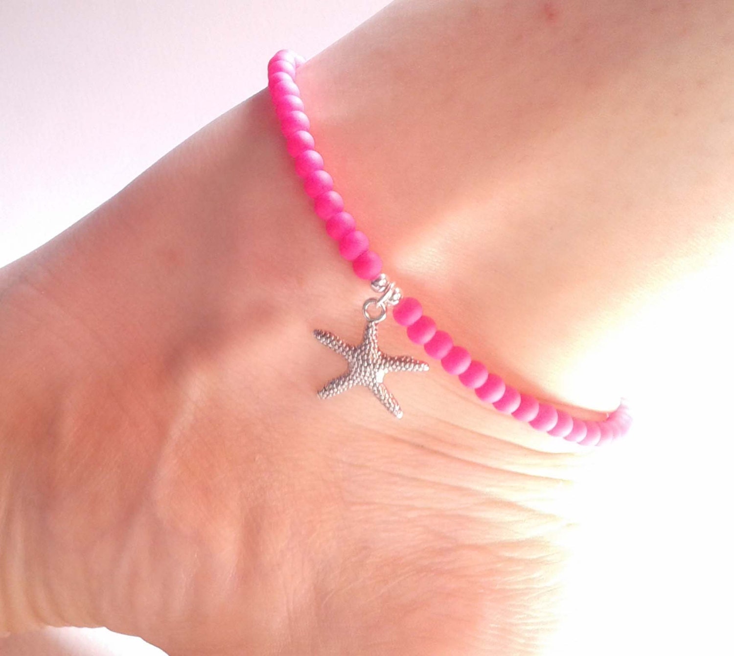 Neon Pink Ankle Bracelet Starfish Charm Anklet Glass Bead