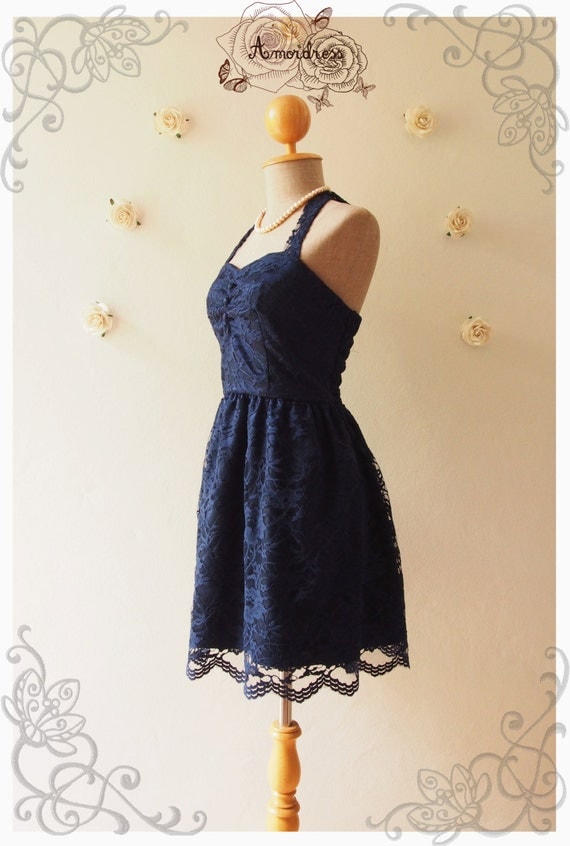 Midnight Blue Lace Dress Navy Lace Dress Vintage Inspired Romantic Dress Lace Cocktail Dress Prom Dress Party Dress - Size XS, S