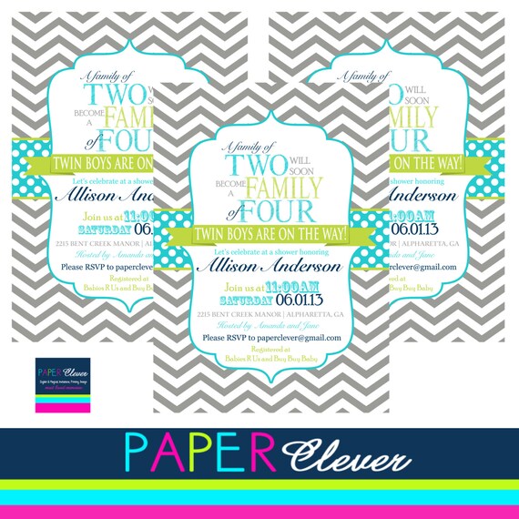 Twins Baby shower invitation - typography, aqua, lime- digital file, printable (#155D) Il_570xn
