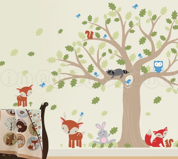Forest Friends Large Oak Tree Wall Decal For a Woodland Nursery with Owl, Raccoon