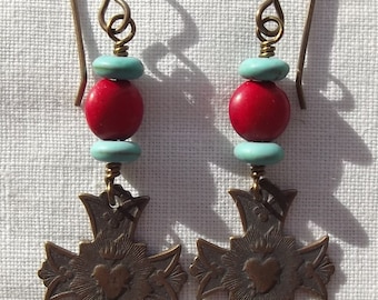 Bronze Sacred Heart Earrings Catholic Jewelry