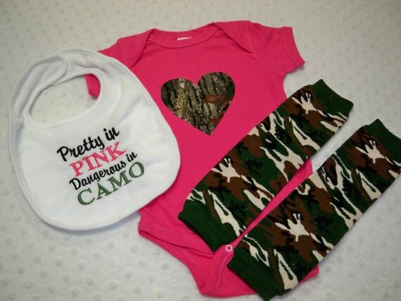 Pink and Camo Baby Girl Bodysuit Bib and by Grinsandgigglesbaby1