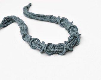 Handmade crochet necklace, fiber jewelry with vintage button - pastel green blue - crochet jewelry