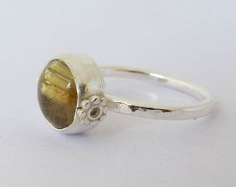 Sterling Silver Ring with Gold Rutilated Quartz Gemstone/ Handmade/ Size 8