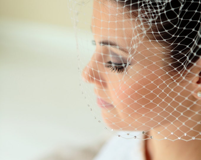 RUSSIAN NET BIRDCAGE with Swarovski crystals, bridal veil, accessories, short veil, embellishments, designer veil, white, ivory colors