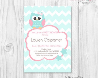 BABY SHOWER GIRL owl aqua chevron printable invitation