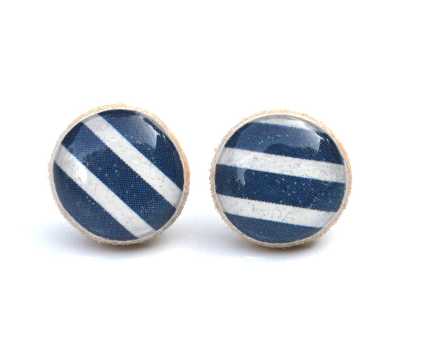 Navy blue stripe stud earrings. summer outdoors nautical
