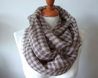 Linen gauze infinity scarf, coffee beige & brown linen summer scarf, cappuccino check scarf, gift under 25 dollars, lightweight scarf